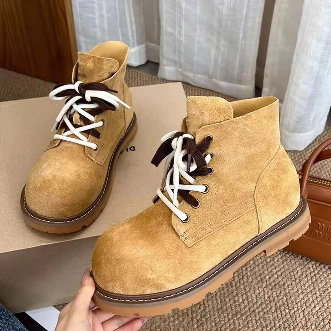 【新疆顺丰包邮】复古系带厚底马丁靴女2025新工装大黄靴增高短靴