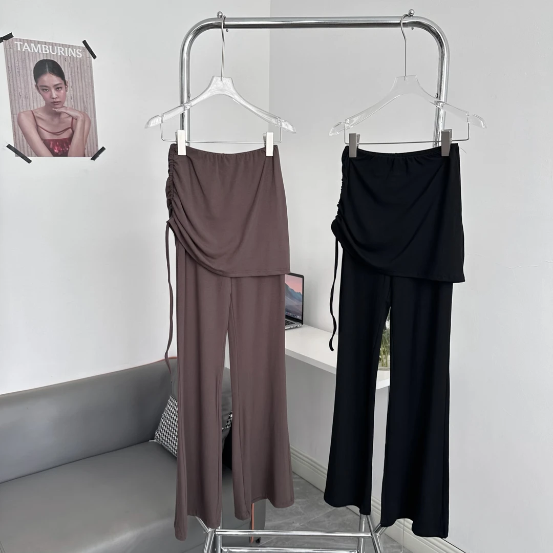 纸片人夏季套装修身短袖T假两件微喇裤女套装裤子阔腿裤