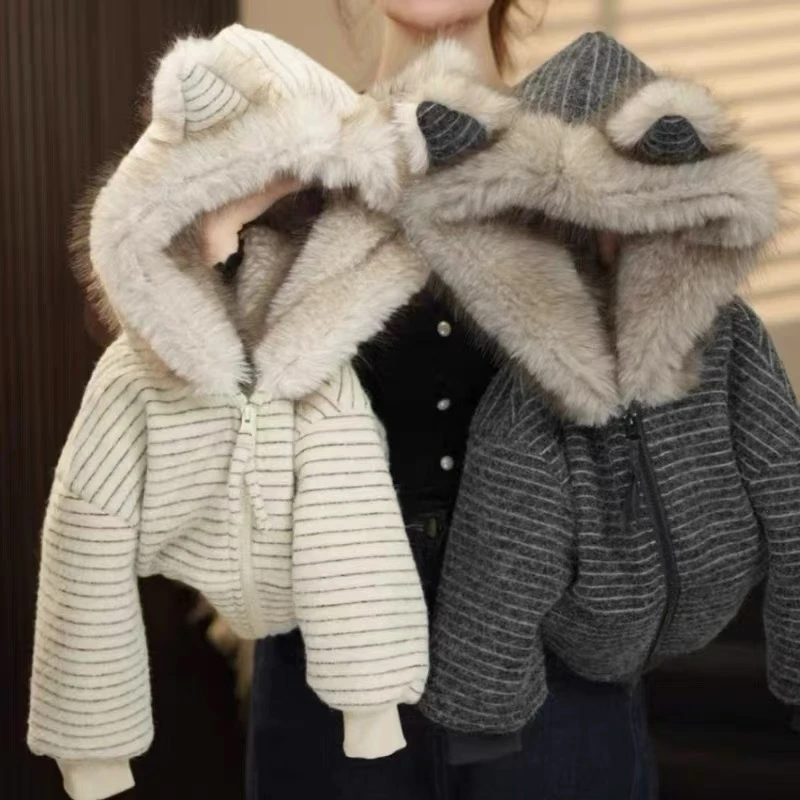 加棉加厚冬季2025新款条纹连帽加绒卫衣慵懒宽松宝宝上衣男女童外