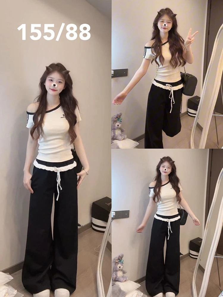 撞色两条杠条纹斜领露肩短袖t恤女夏季新款字母印花纯欲辣妹上衣