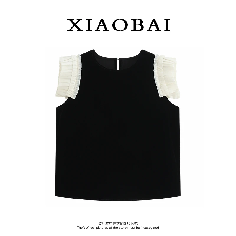 XIAOBAI 100真丝蕾丝无袖夏季薄款出游仙气飘飘短袖上衣潮牌女装