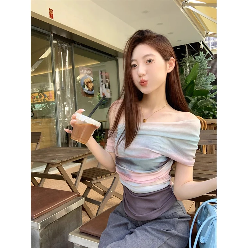 上衣女夏季渐变扎染一字肩2025新款时尚款洋气背心网纱T恤抹胸