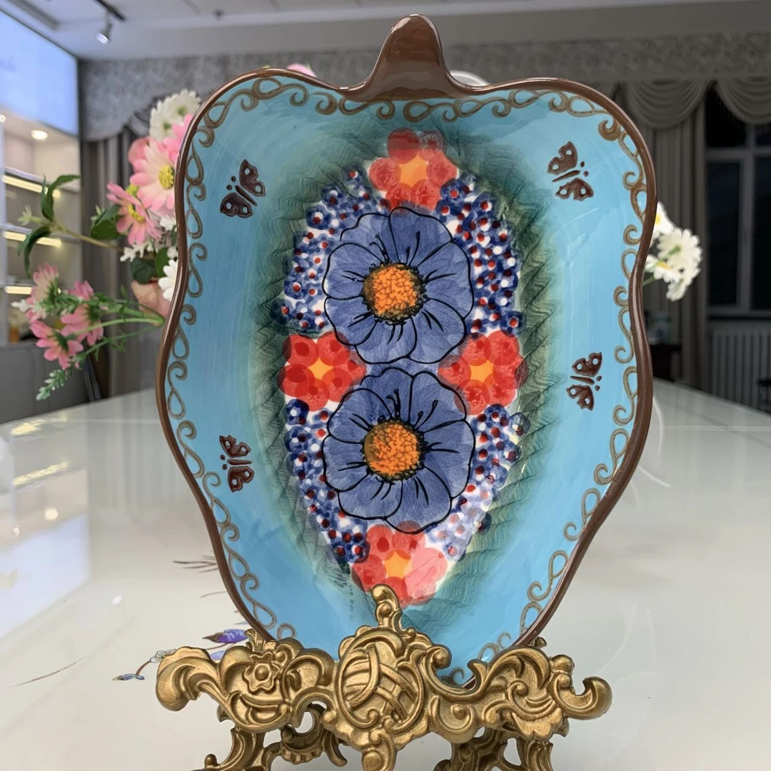 新瓷【琉璃蓝】8英寸手绘花边树叶盘
