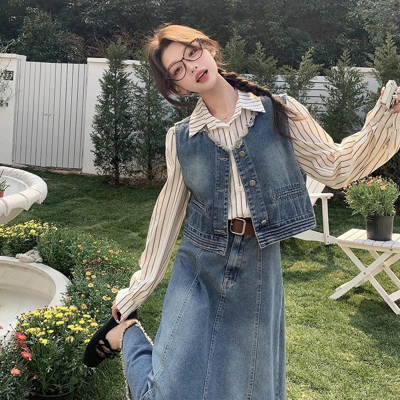 甜美通勤风时尚套装套装裙子拼接连衣裙小个子背心宽松无袖