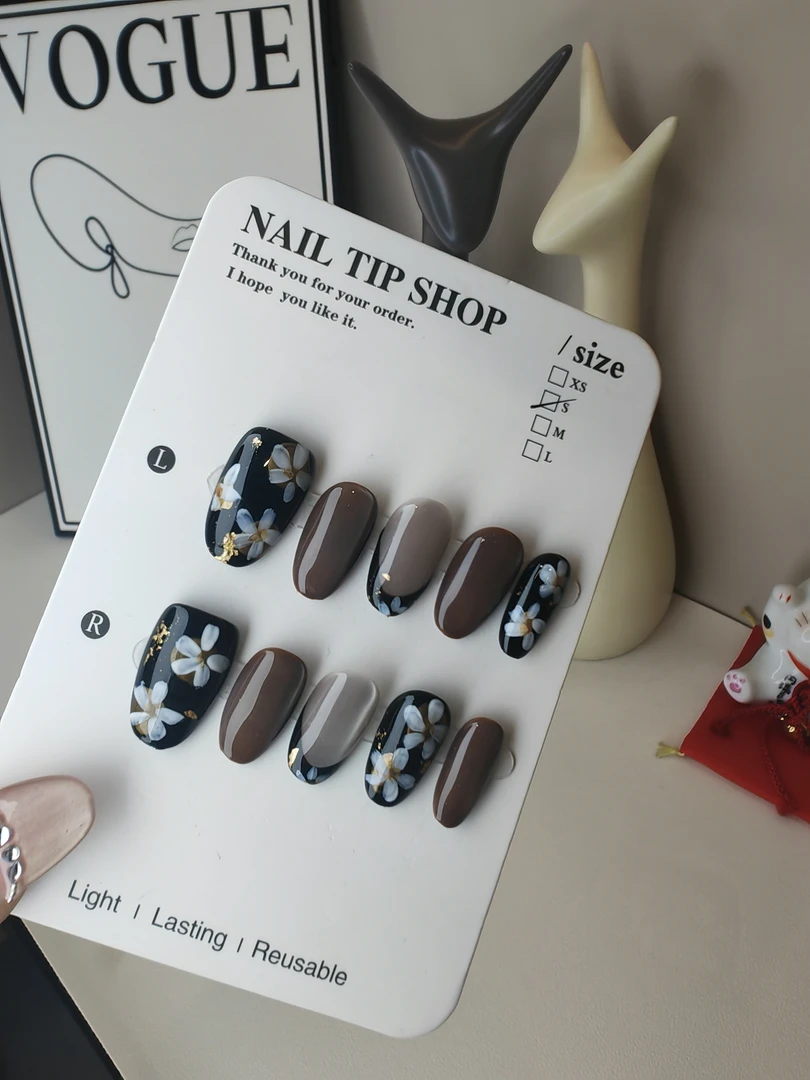 墨棕花影--高级感纯手工晕染梯形猫眼穿戴甲秋冬气质显白