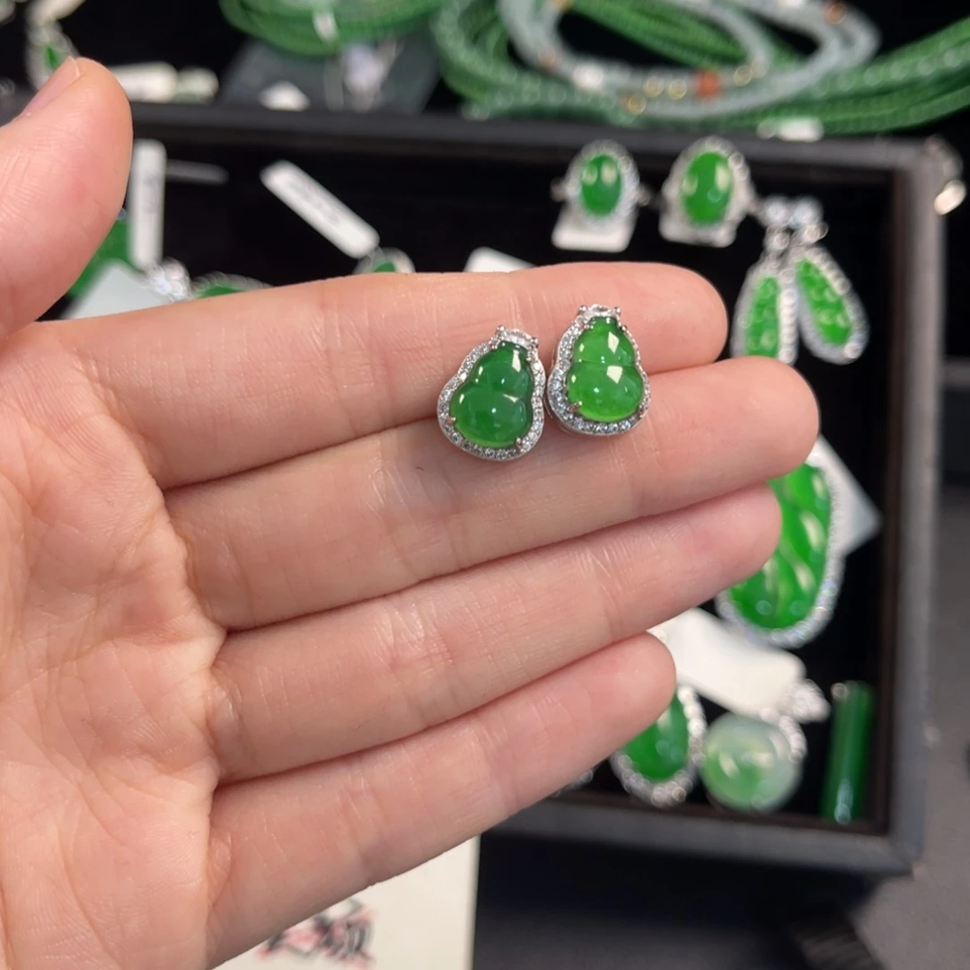 翡翠银S925镶嵌戒指葫芦耳钉