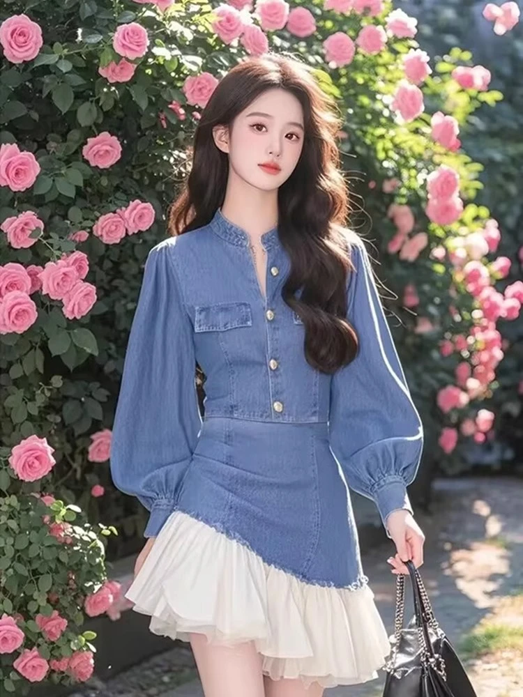 法式设计感拼接牛仔连衣裙女2025春季新款收腰显瘦短裙子时尚女装