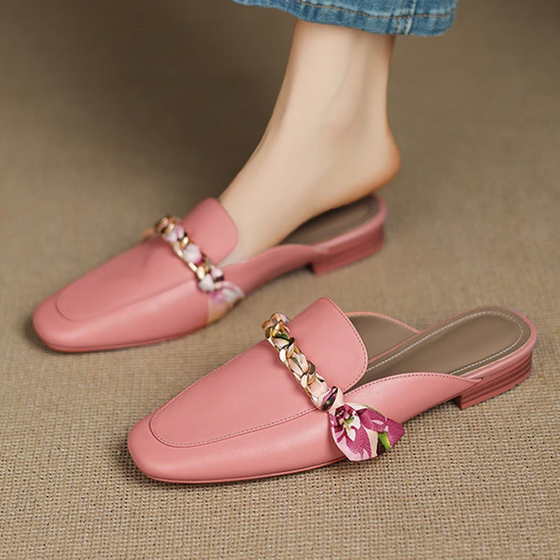 真皮2cm平底百搭新款花朵丝带轻奢凉拖鞋子方头包头拖鞋女鞋外穿