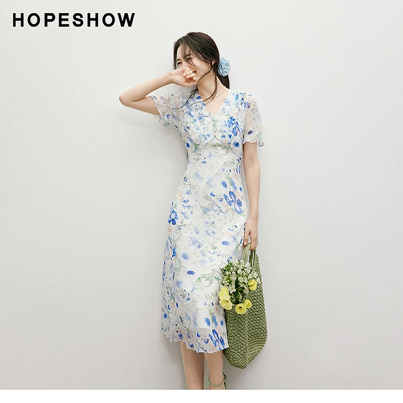 红袖2025夏季女装【海蓝花屿】泡泡袖收腰连衣裙90125151617