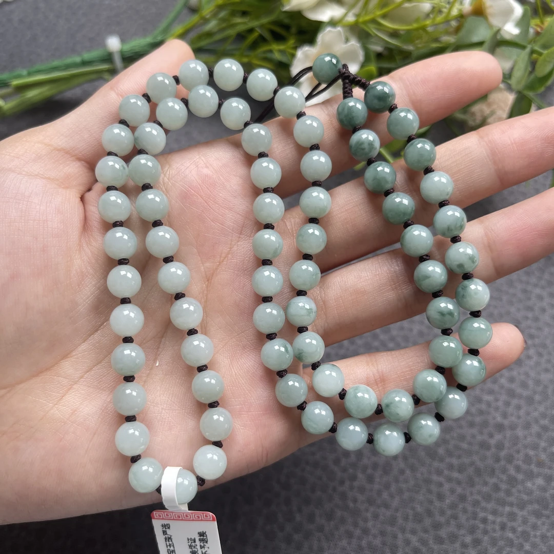 缅甸A货翡翠细糯飘蓝花渐变款卡7.5mm纯手工编织玉牌项链绳60厘米