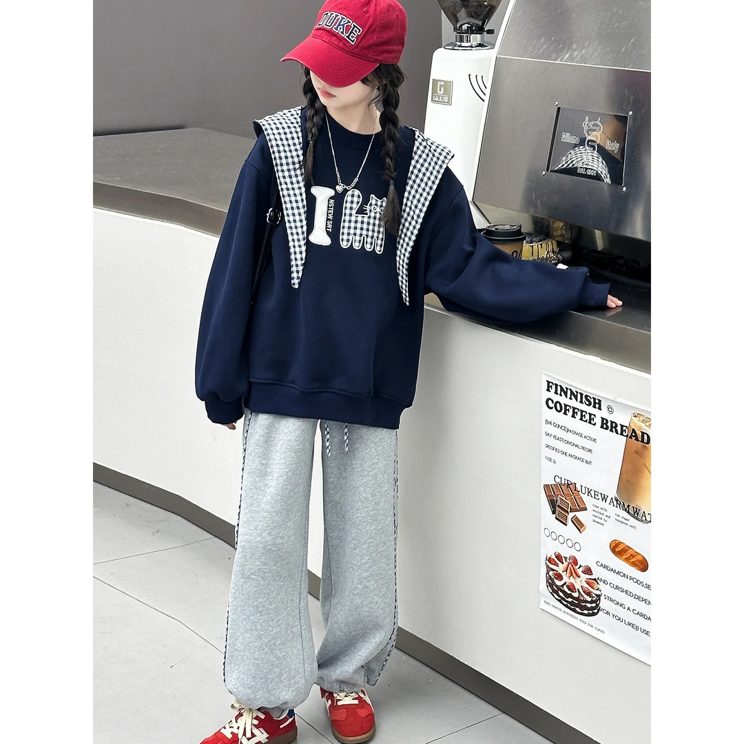 巴拉巴拉男孩女孩女童套装秋装2025新款大童加绒加厚格子披肩卫衣