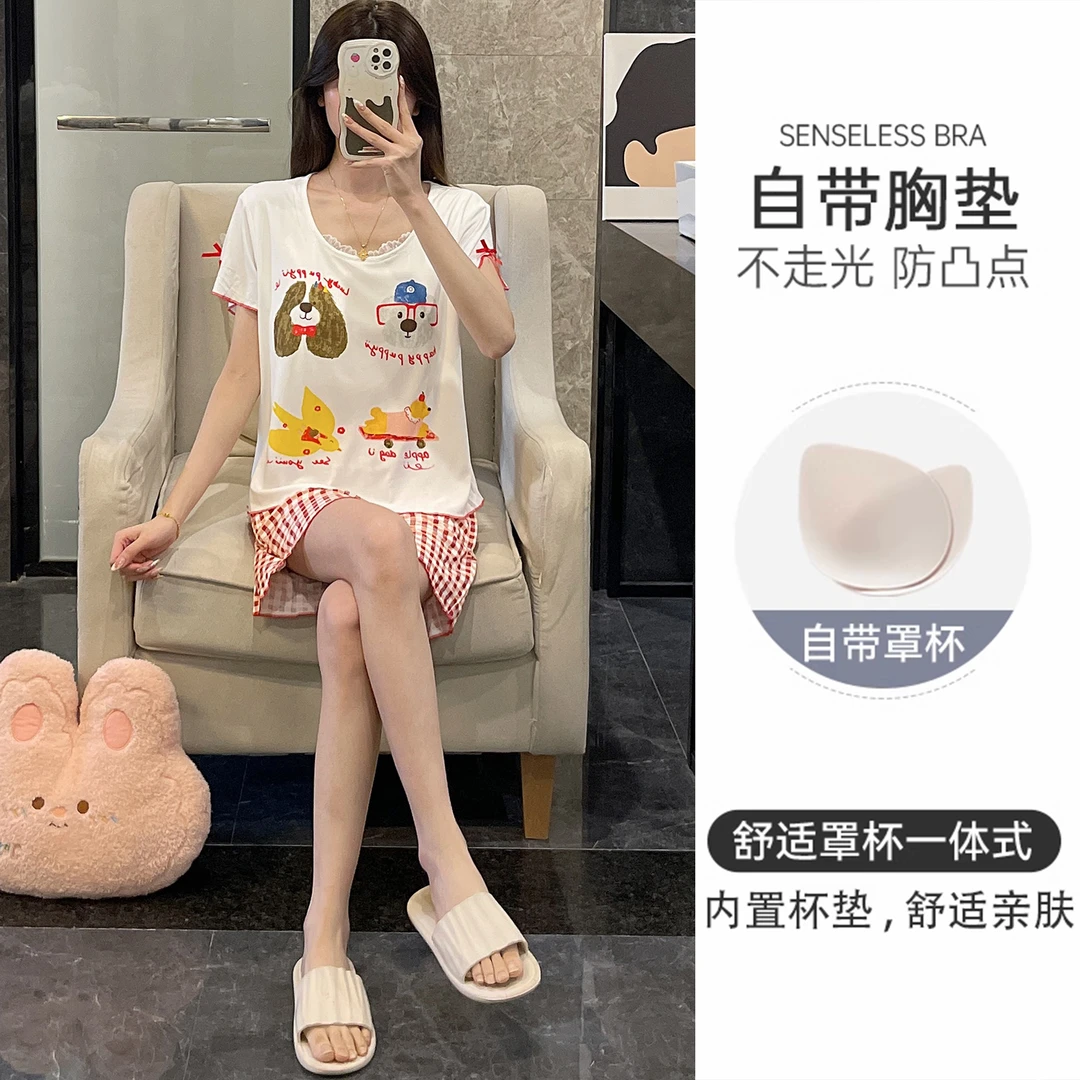 睡衣女夏季短袖高级感带胸垫2025新款夏天萌狗凉感薄款家居服套装