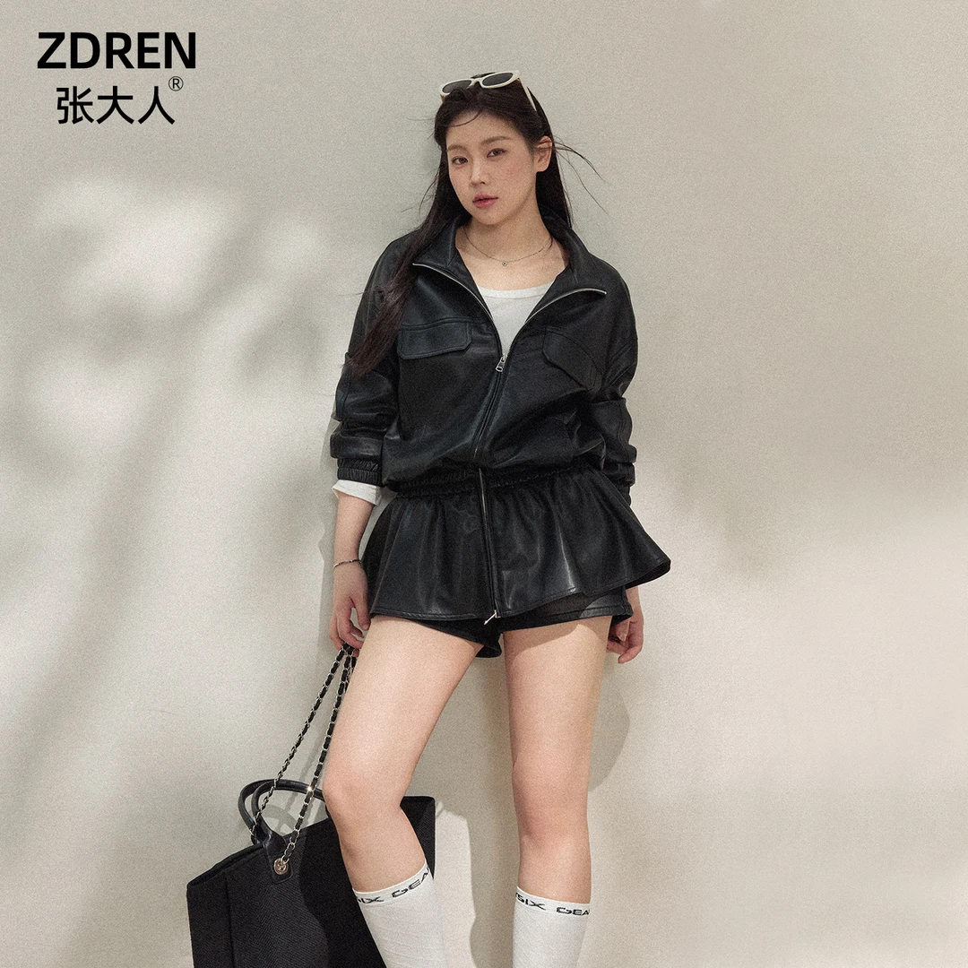 张大人【酷飒风潮】大码女装微胖妹妹机车风皮衣外套搭渐变牛仔短裤