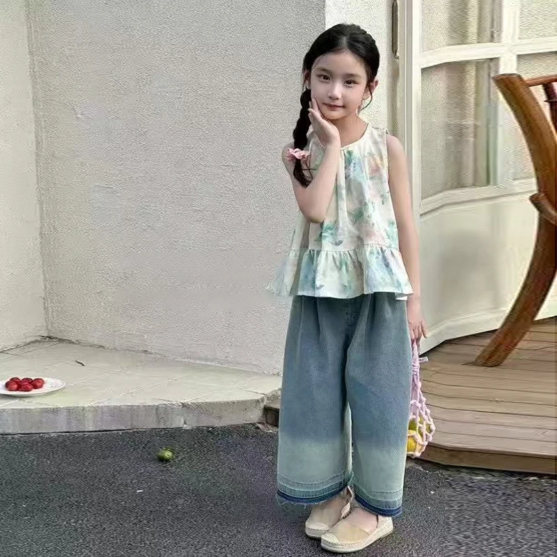 夏季新款女童牛仔裤小飞袖套装两件套百搭洋气宽松zb5832简约童品