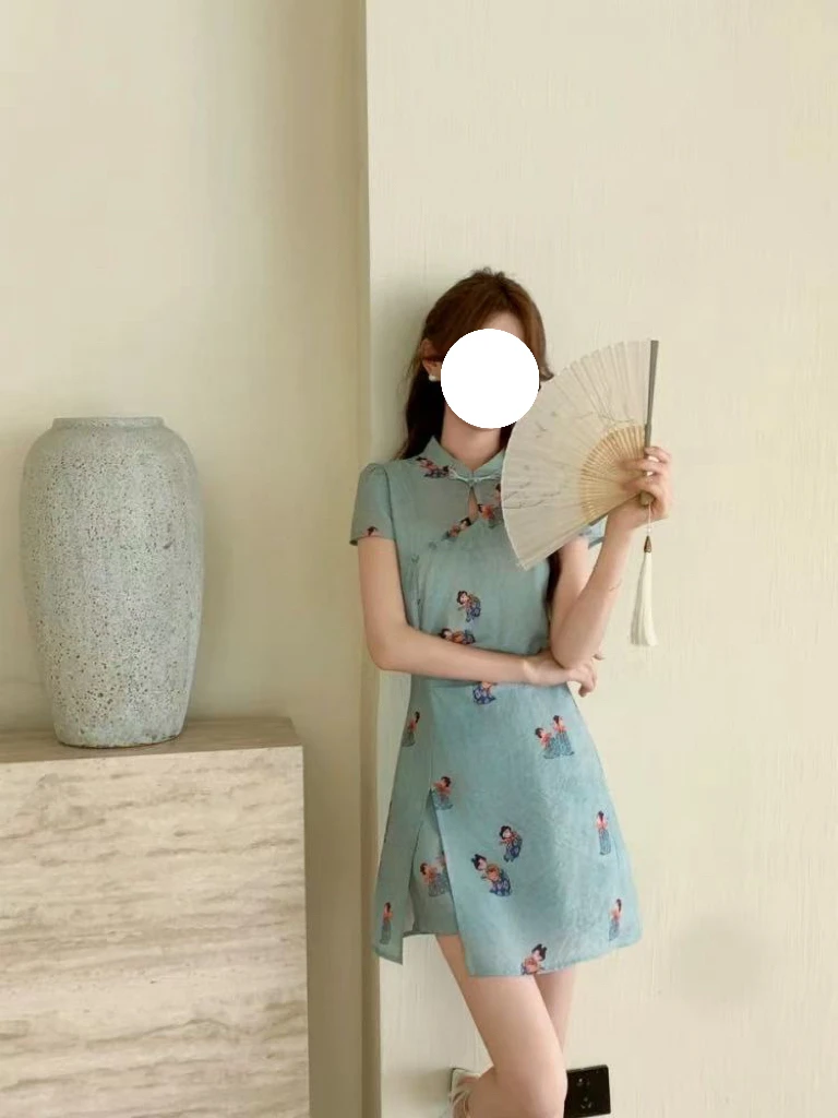 大码新中式国风连衣裙短裤套装夏季改良旗袍收腰显瘦时尚套装