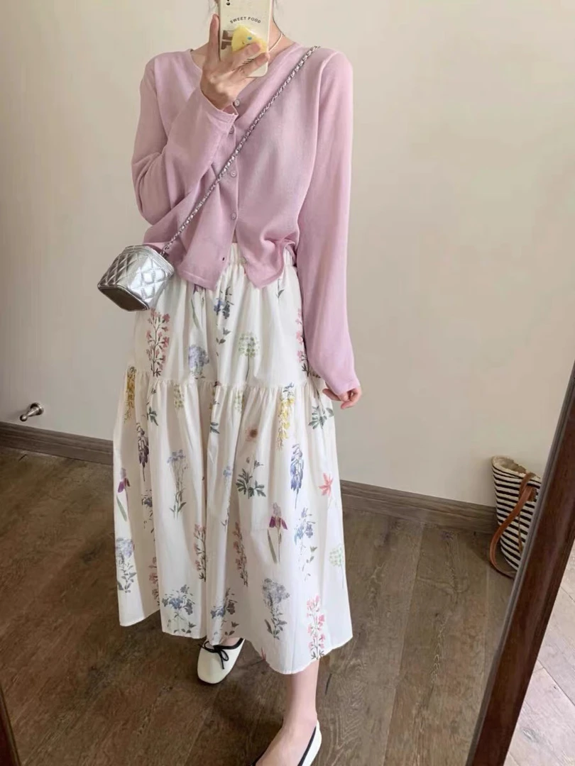 百搭气质碎花时尚松紧腰显瘦夏季百褶半身裙女法式小个子中长裙子