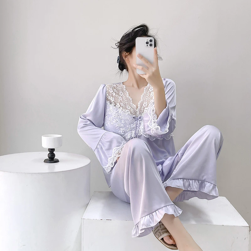冰丝睡衣女长袖春秋季高级感色套装可外穿夏季薄款仿真丝家居服