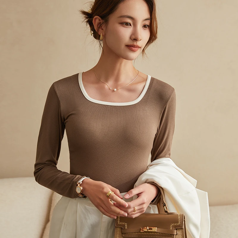 【宅】长袖t恤内搭打底衫显瘦长袖方领上衣C23213