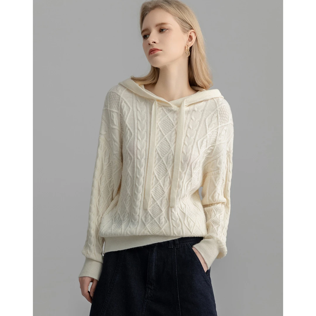 dme德·玛纳千绒纱通勤线衫新连帽宽松长袖毛衣针织衫女