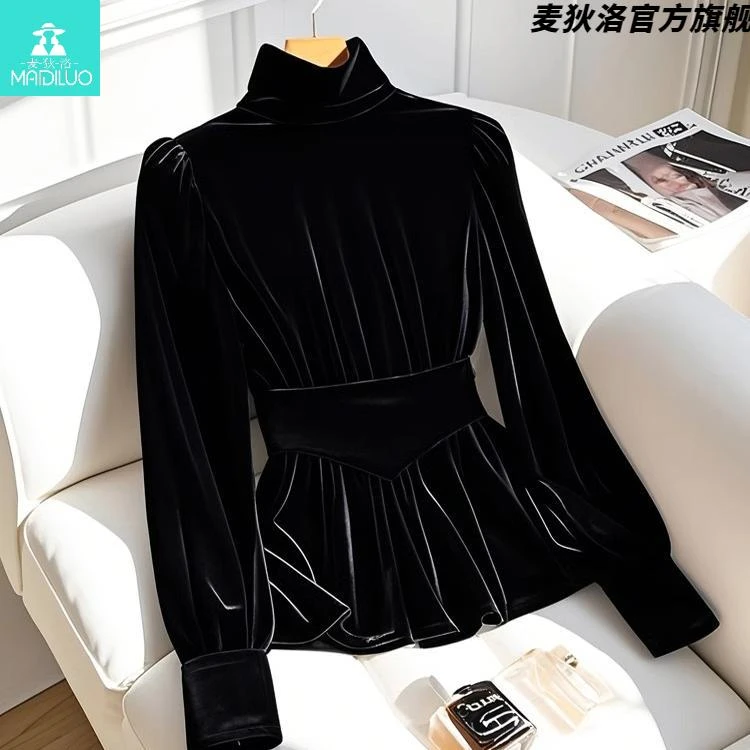 法式独特超好看内搭长袖衬衫2025冬季轻奢高级感黑色加厚丝绒上衣
