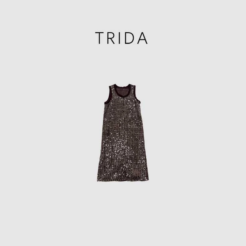 【trida】棕色长款无袖亮片装饰修身显瘦长袖长款衬衫连衣裙121301