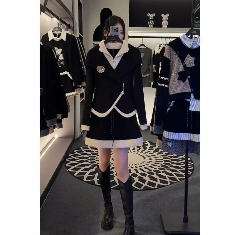 【宠粉价】（加绒）秋冬新款静奢风拉链领针织盘花半身裙套装TZ-899