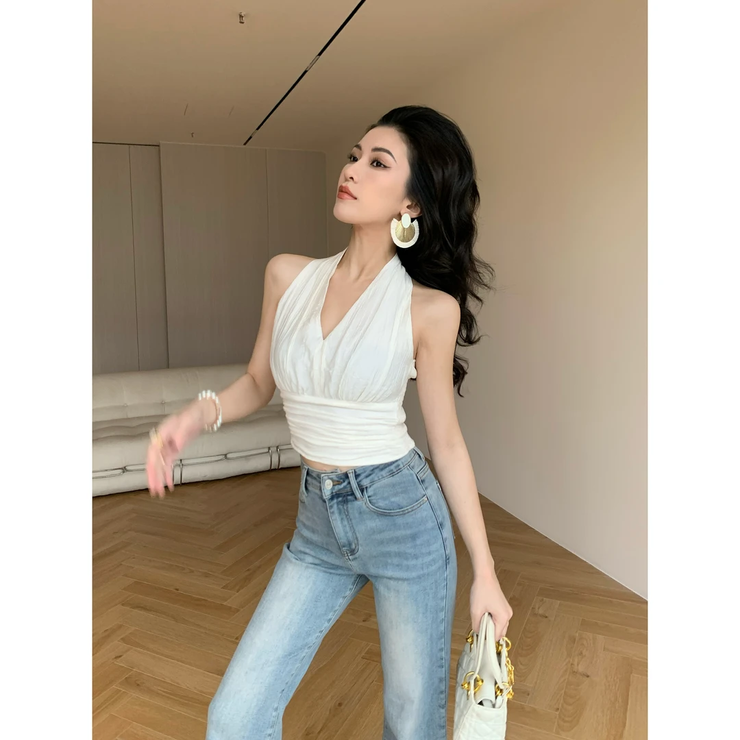 JIJINQI设计感挂脖上衣女辣妹白色修身别致短款T恤JD02SZPT1014