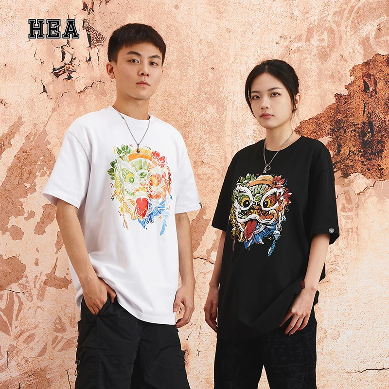 HEA国潮醒狮四季如狮撞色大狮头夏季纯棉中国风短袖T恤