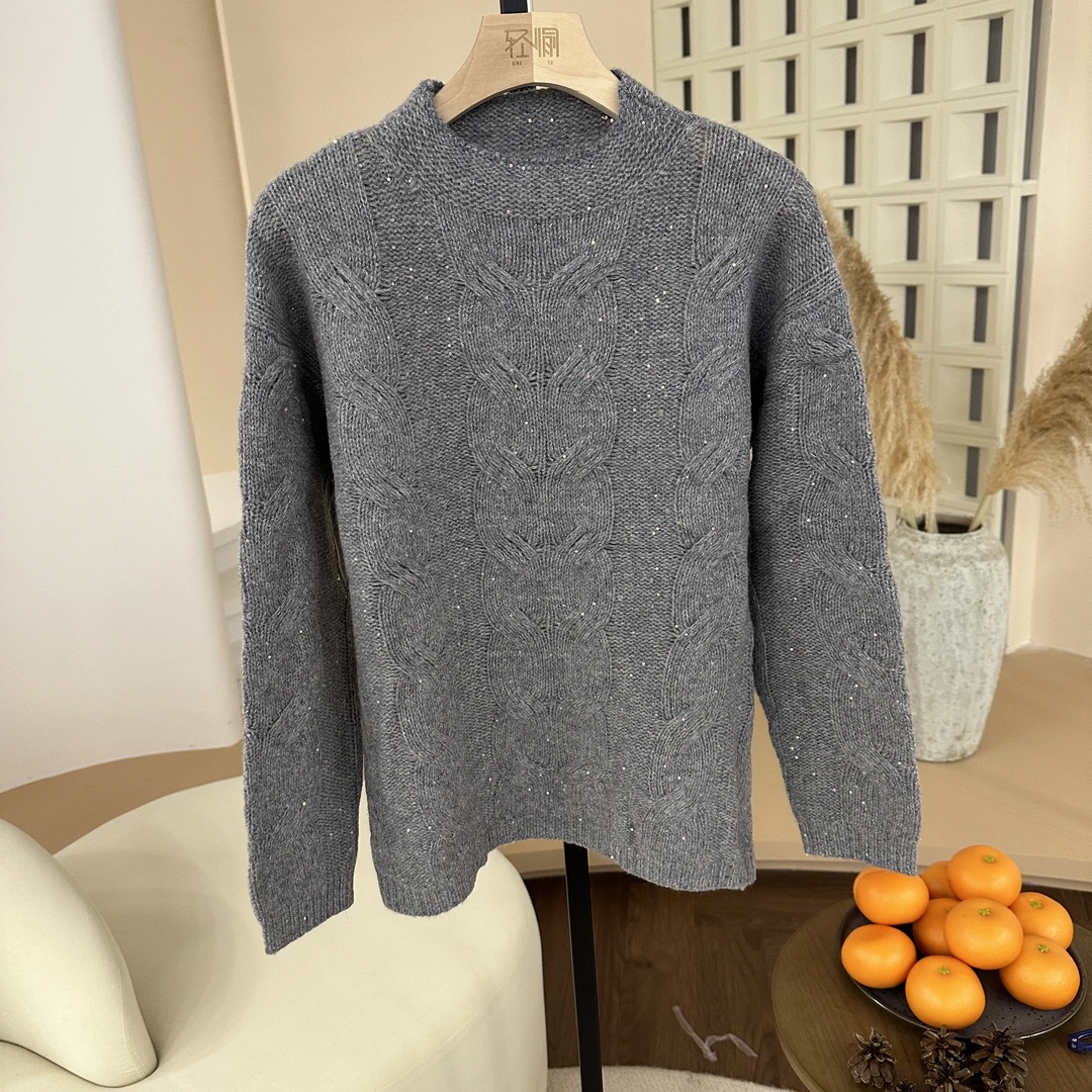 100%澳洲美丽诺纯羊毛女珠片纱半高领扭花针织打底套头毛衣