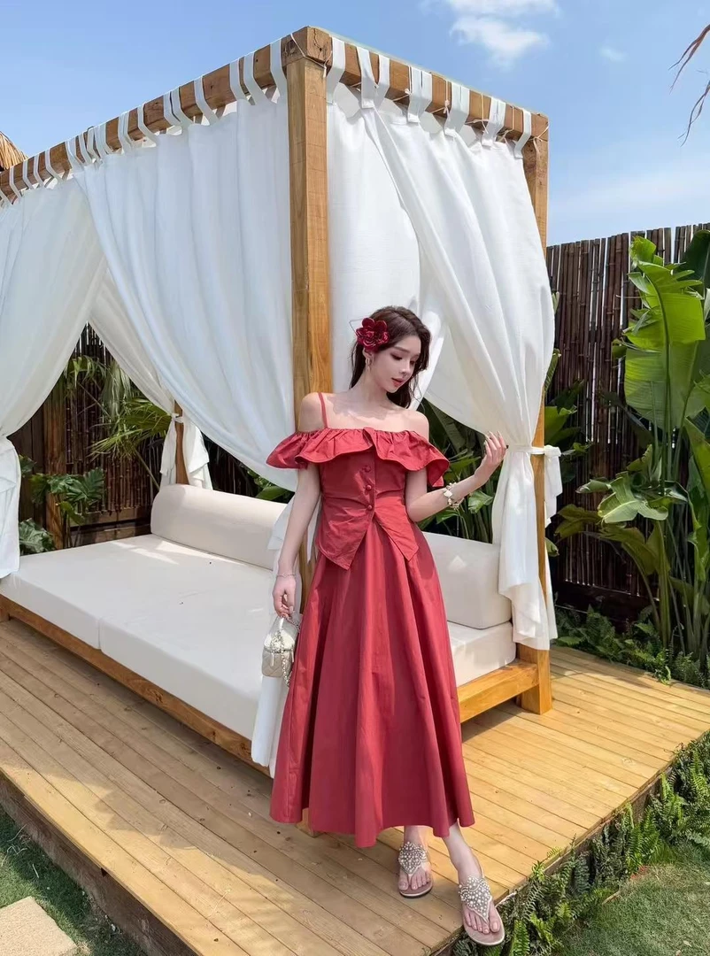 杨杨 MI2-夏季新款一字肩半裙小衫套装3724