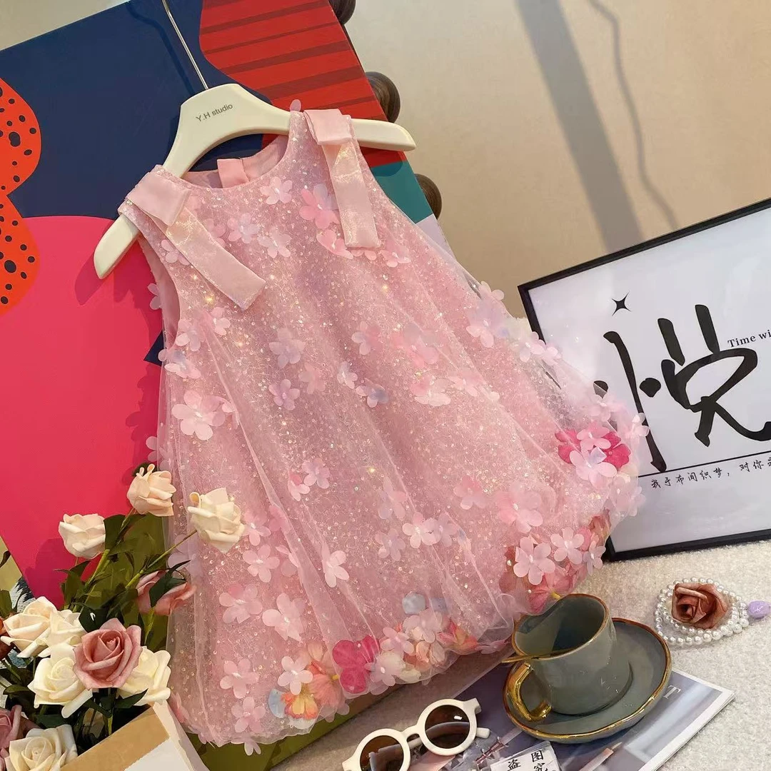 SH女童时尚夏季新款女宝粉色小飞袖洋气儿童连衣裙80179