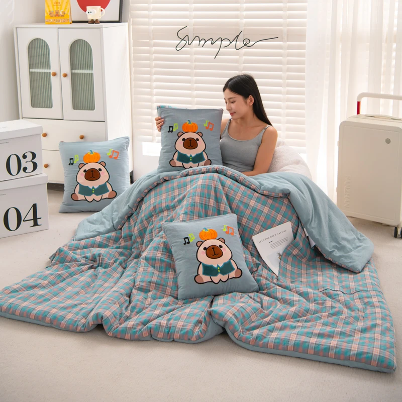 纯棉可爱多功能口袋抱枕被子两用四季汽车载用折叠靠枕午休二合一