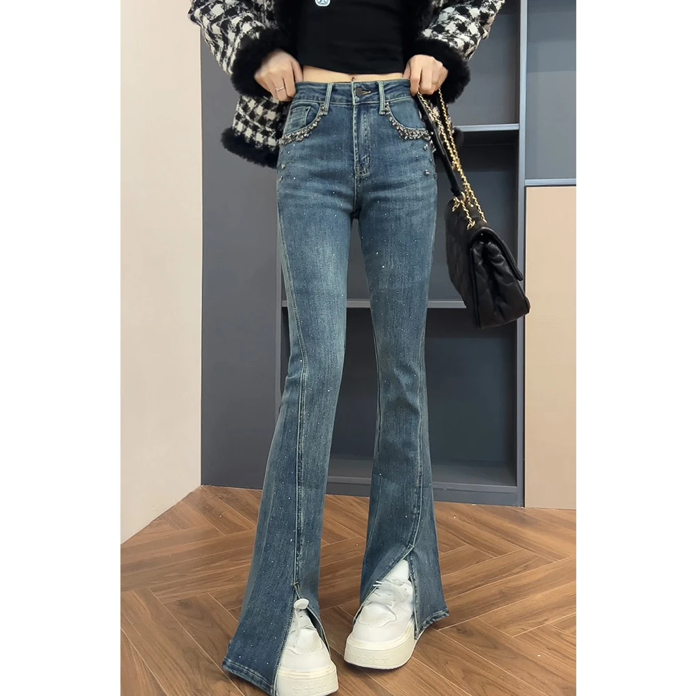 987开叉喇叭牛仔裤女春秋2025新款小个子显瘦弹力钉珠微喇叭裤子