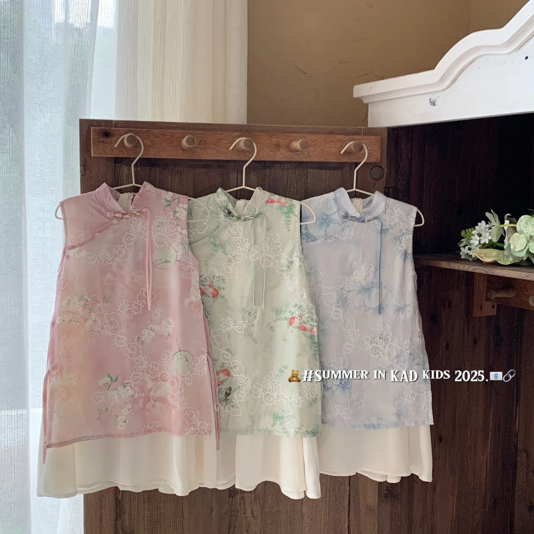 25夏季新款 中大女童 暮云纱盘绣 米色缎面 旗袍 V5001#