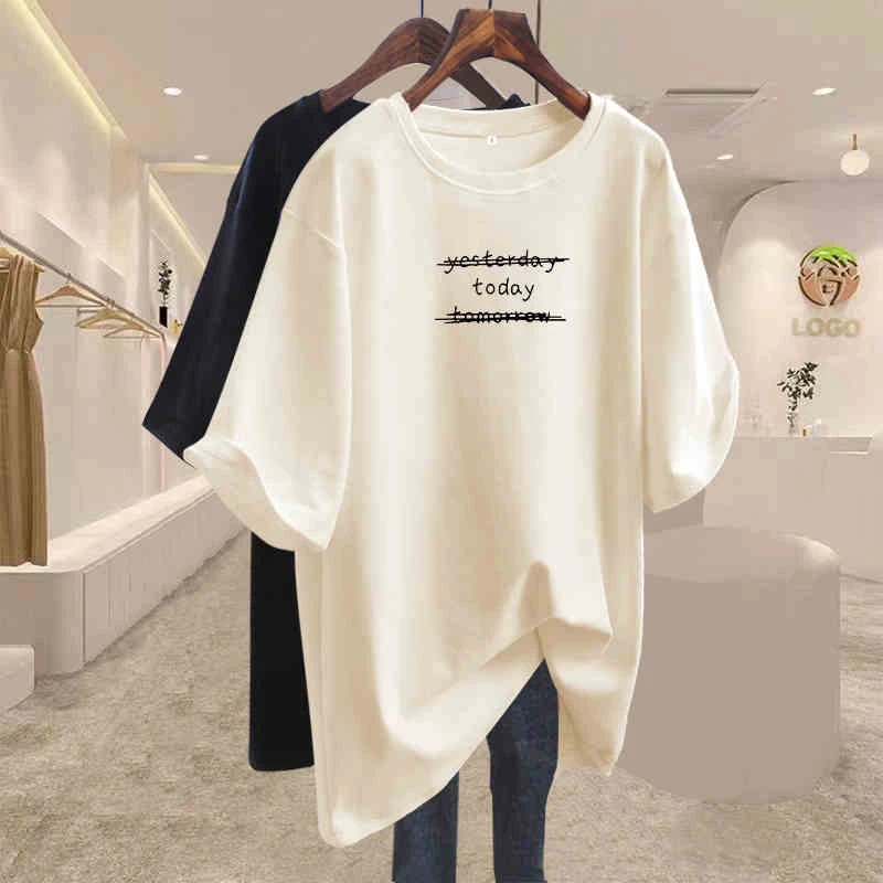 2025年新款欧货纯棉中长款杏色短袖T恤女宽松美式正肩大版上衣ins