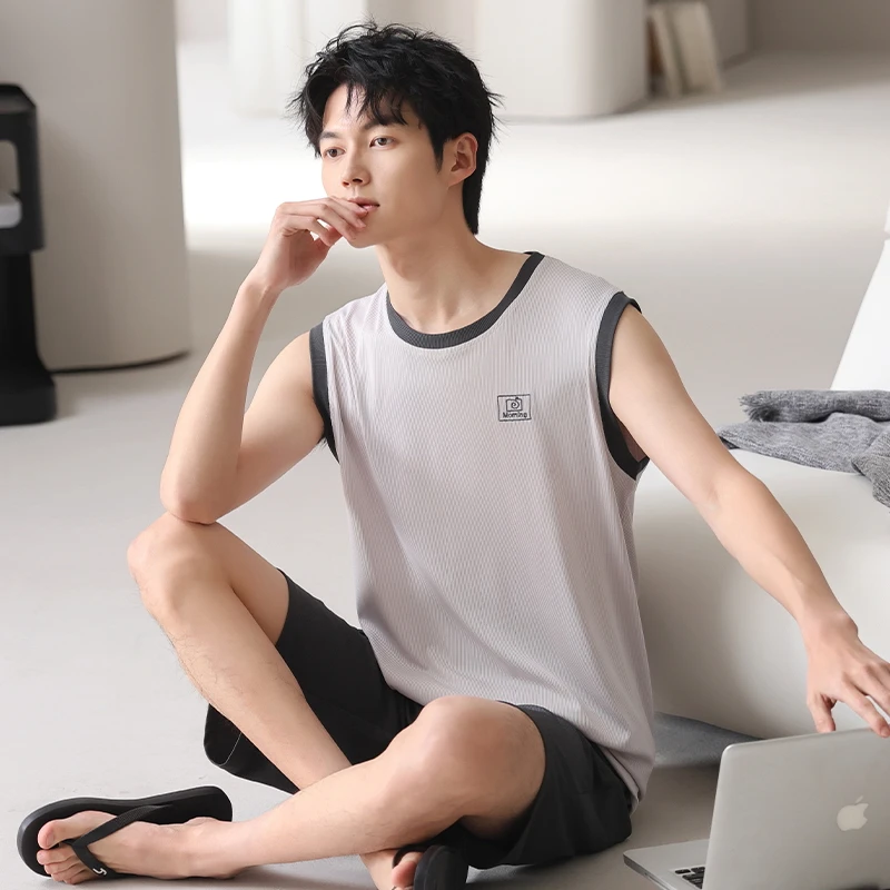 凉感睡衣男士夏季背心无袖短裤薄款冰丝青少年男士大码家居服套装