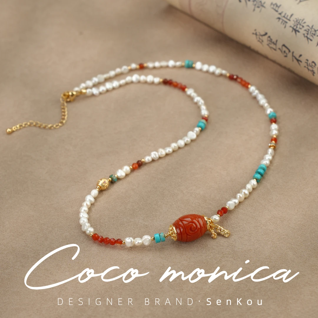 【小霞珠宝】 红翡翡翠小米珠珍珠项链气质轻奢设计师手作  AS280