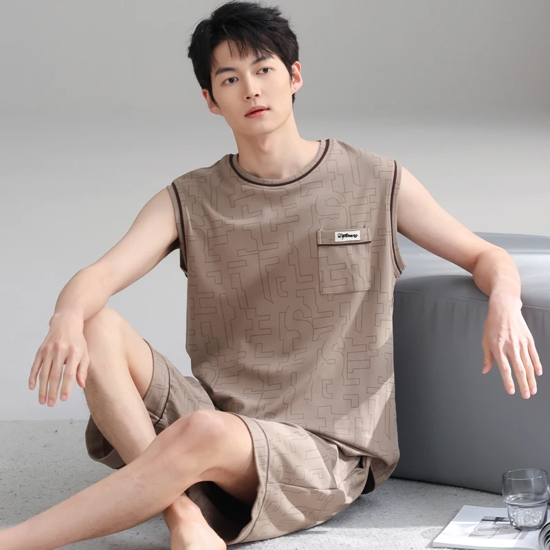 卡之恋夏天睡衣男款纯棉无袖背心短裤简约套装可外穿薄款家居服