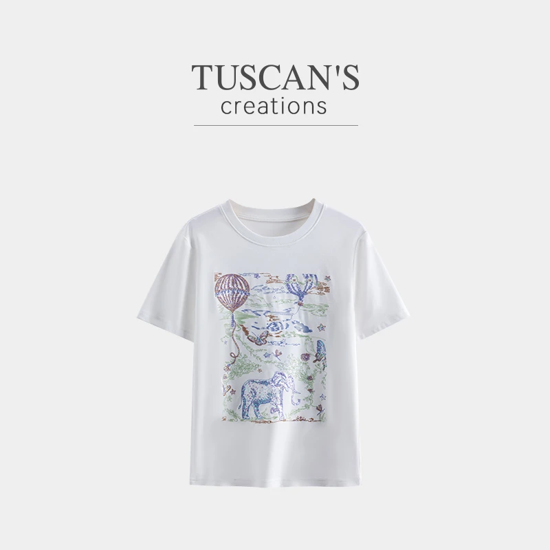 TUSCAN'S CREATIONS新品休闲百搭刺绣圆领宽松女短袖T恤时代集团