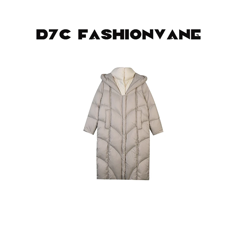 冬季宽松长款拼接设计感连帽羽绒服外套C12022538