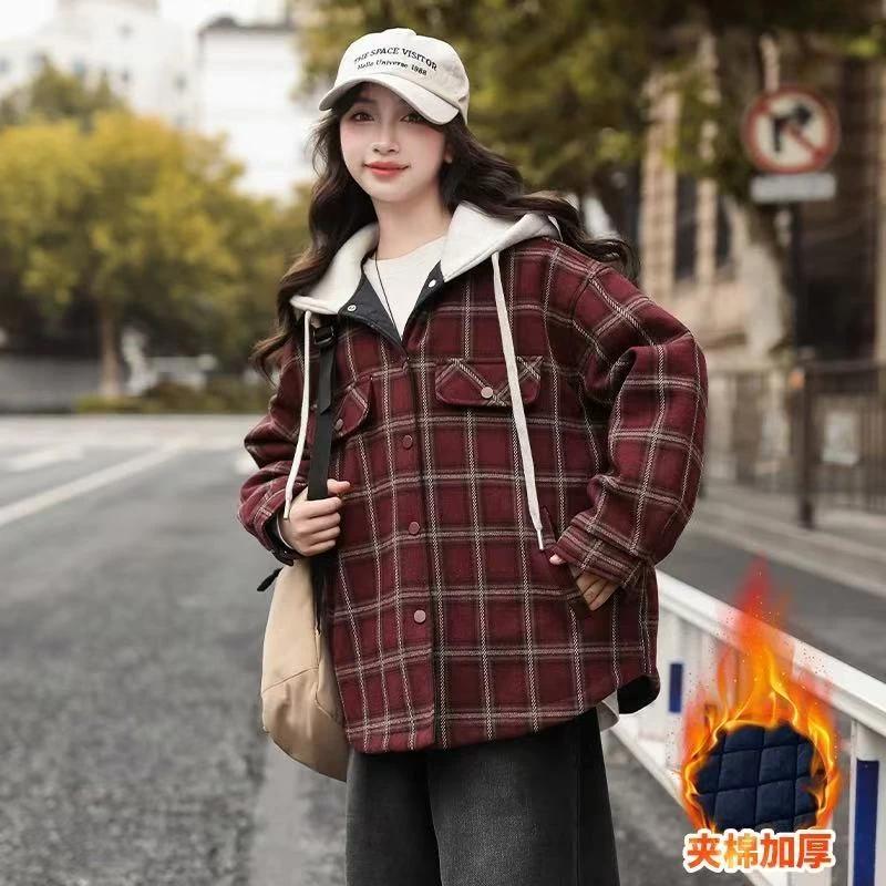 502008《现》韩版儿童时尚百搭运动加厚保暖休闲格子连帽外套