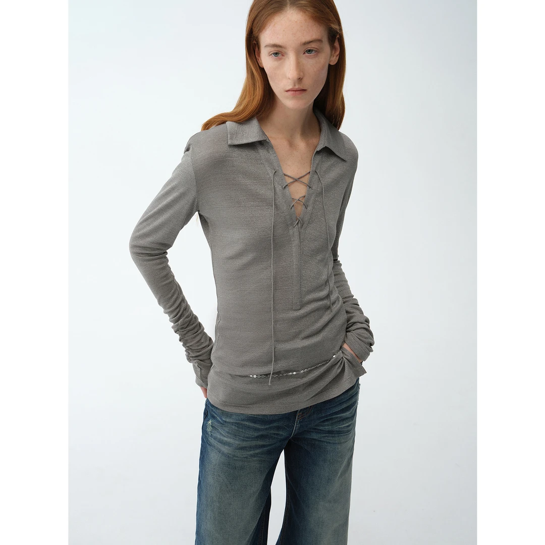 付智恩 埃菲尔 微闪绑带翻领微修身银丝针织衫