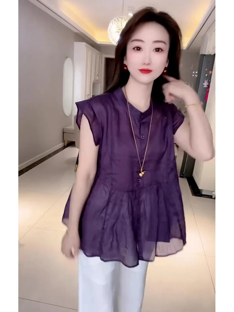 韩系chic洋气减龄高级感超好看薄款上衣气质别致紫色掐腰衬衫女夏