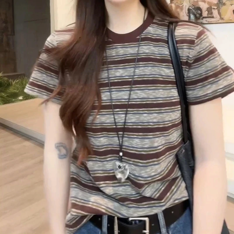 2025新款韩版咖色条纹短袖T恤女夏季圆领正肩显瘦ins风超好看上衣