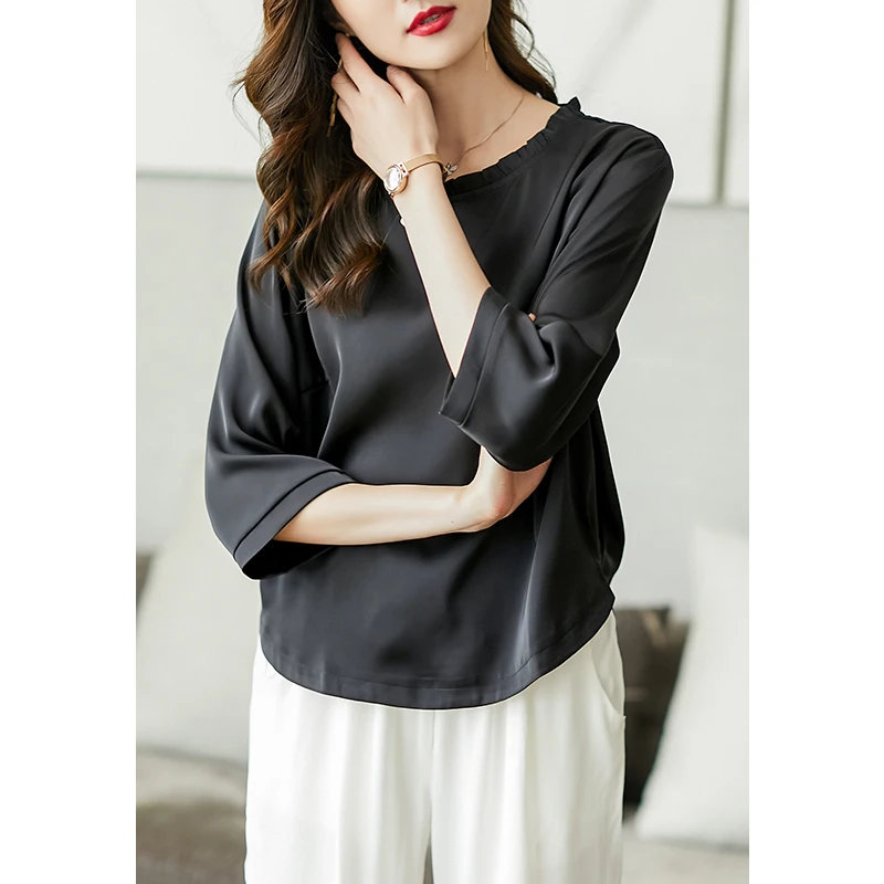 A96069阿吉多醋酸缎面气质衬衫女2025新款七分袖高端欧货大码上衣