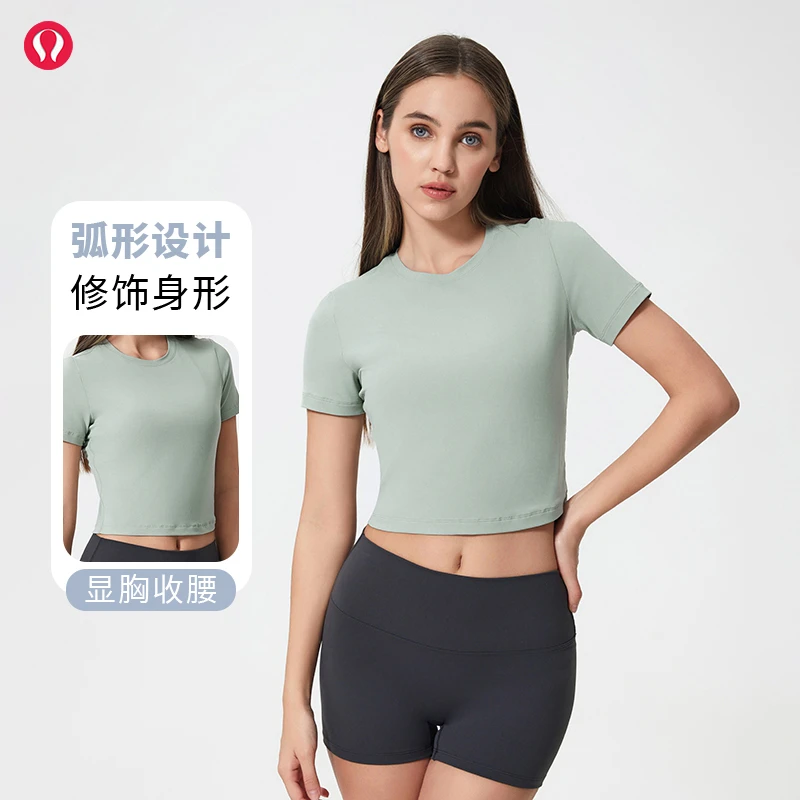 lulu露露首领瑜伽T恤纯色中线分割瑜伽服百搭健身运动短袖女上衣