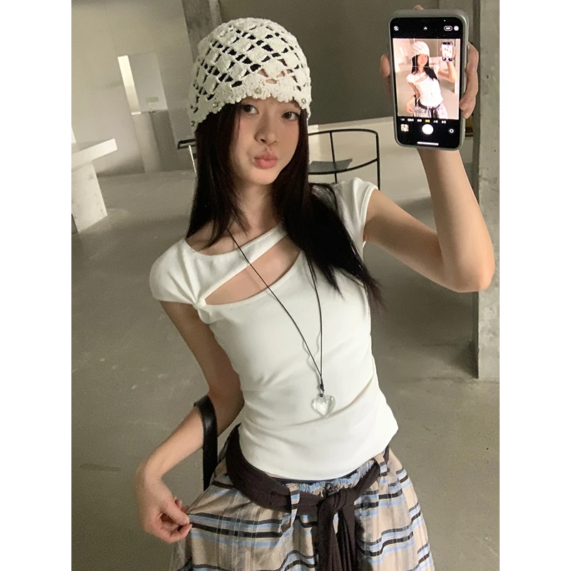 宋正恩白色镂空设计短袖t恤女夏季修身显瘦扭结设计感上衣AA6958