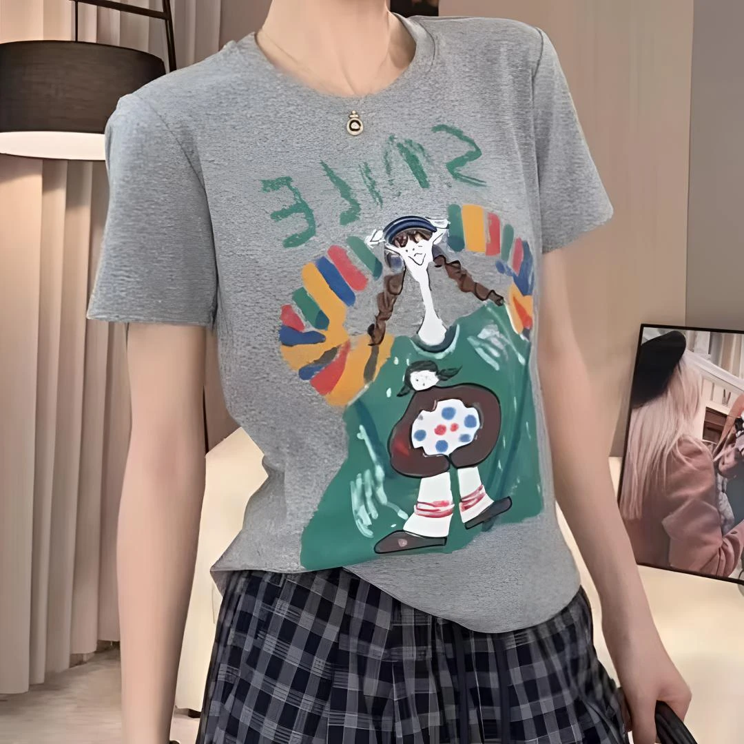 设计感趣味印花短袖t恤女2025夏季新款百搭透气减龄圆领正肩上衣