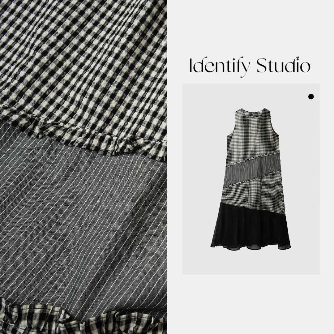 IDENTIFY“斜裁三拼”夏季新款休闲圆领拼接格纹连衣裙25SS