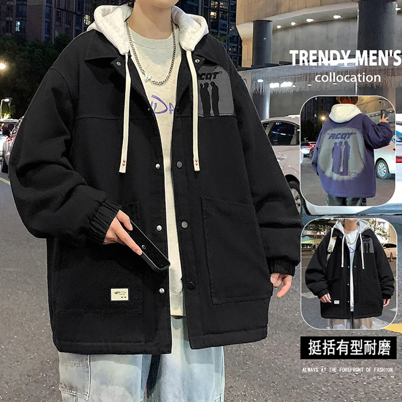 秋季上新青少年港风撞色连帽牛仔夹克后背印花设计潮流百搭外套